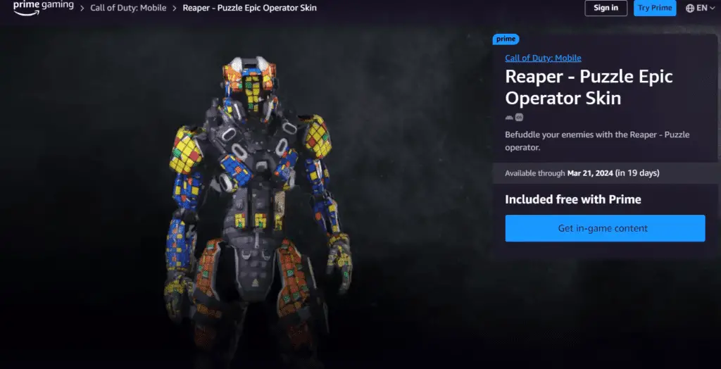 Reaper – Puzzle Epic Operator Skin (Available till March 21, 2024)