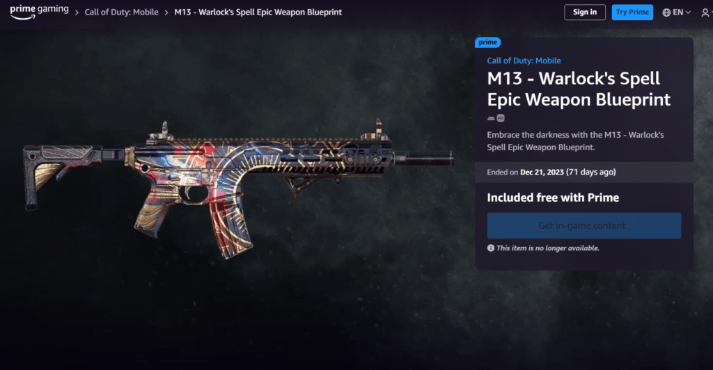 M13 – Warlock’s Spell Epic Weapon Blueprint (Expired on December 21, 2023)