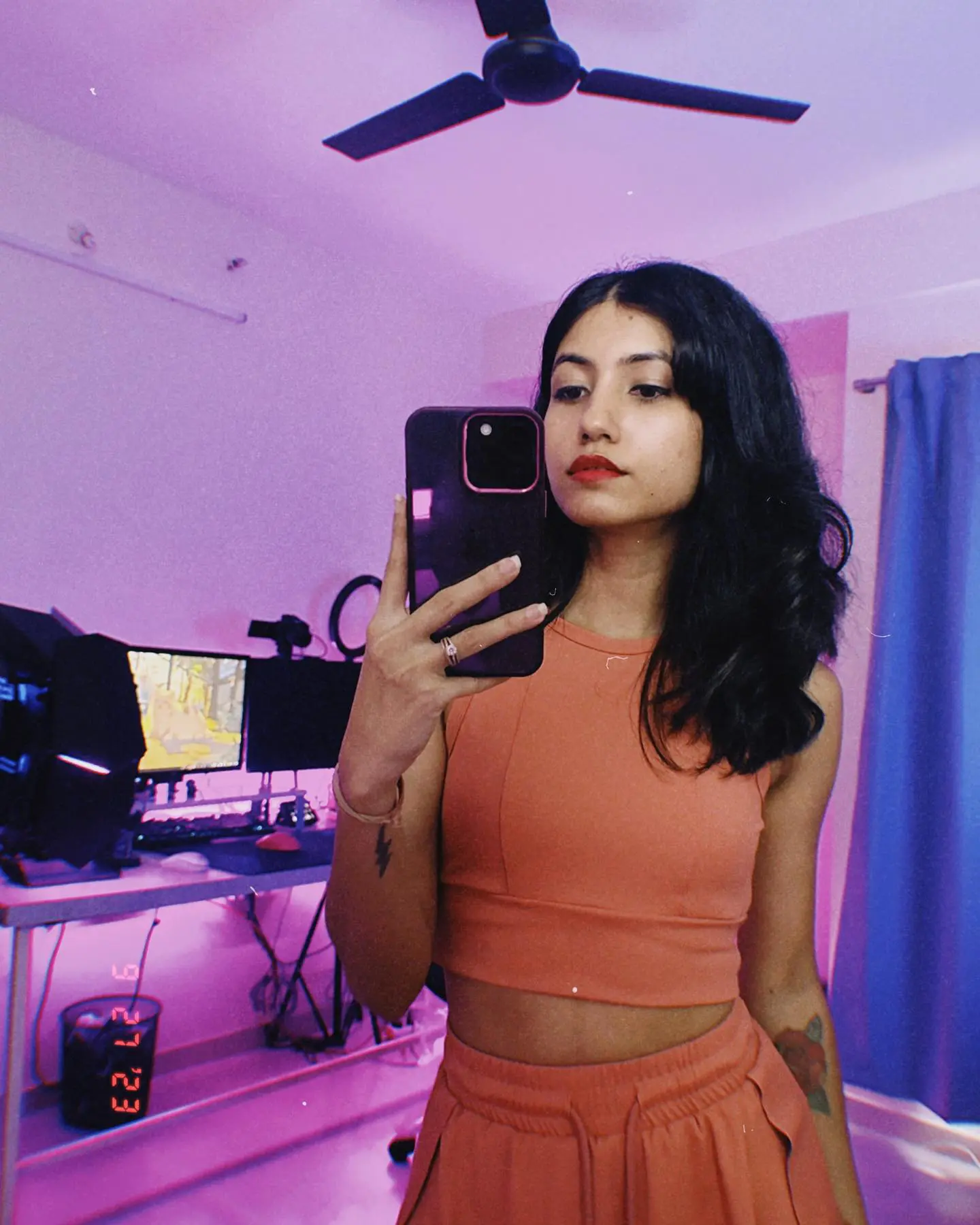 Indian Female Streamer Xyaa Mini Skirt Orange Top, selfie pics