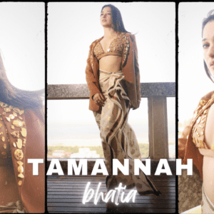 Tamannaah Bhatia looking stunning in a gold bikini top and skirt