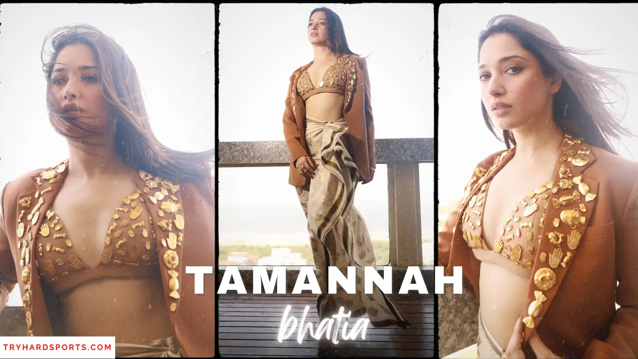 Tamannaah Bhatia looking stunning in a gold bikini top and skirt