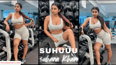 A fitness influencer, Suhana Khan, strikes a pose in a gym wearing a white sports bra top and shorts