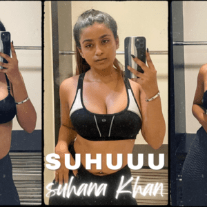 Suhana Khan, also known as Suhuuu, taking a selfie in a black bra top and leggings.