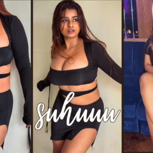 suhuuu in bold black dres