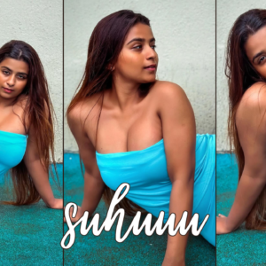 suhuuu in bold skyblue deep neck dress
